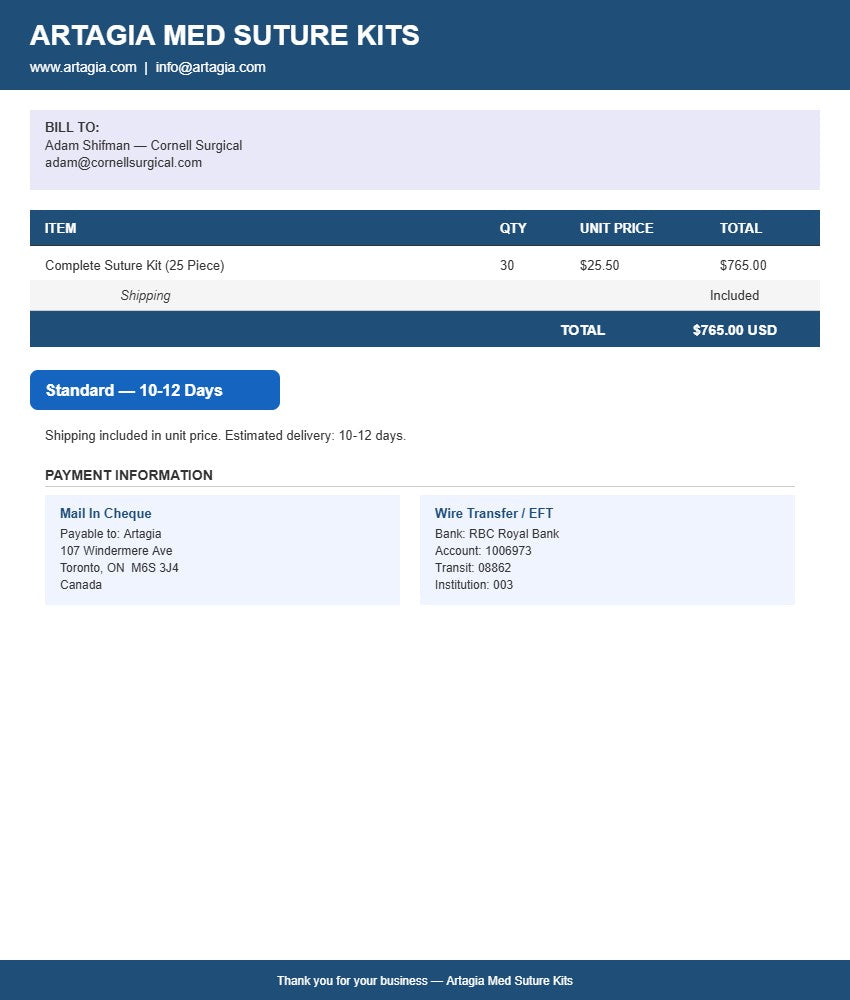 CUSTOM ORDER - CORNELL SURGICAL - ADAM SHIFMAN - 30 SUTURE KITS - Standard Delivery (10-12 Days)