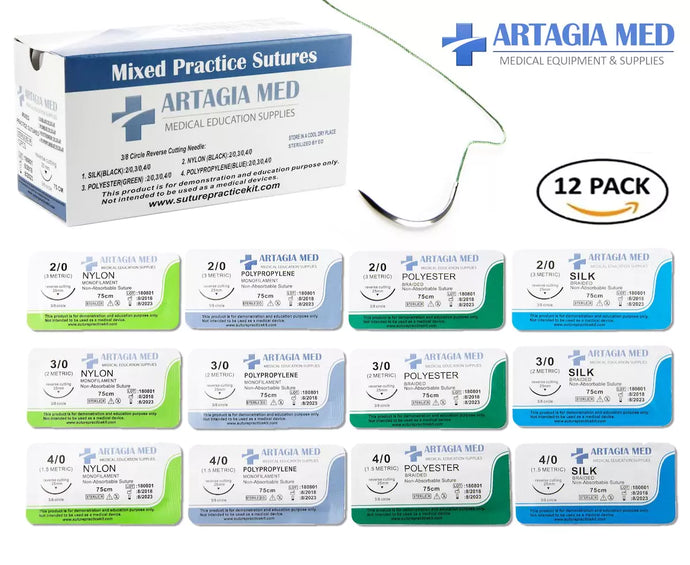 12 Medical Sutures & Needles for Suture Practice with Variety of Suture Materials and Sizes
